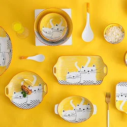 Japanese style cute cartoon home cartoon cat dishes cutlery soup bowl noodle bowl dishes creative ceramic dinner plate