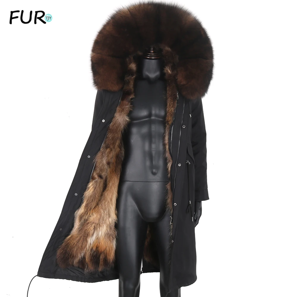 

2022 Real Fur Coat Winter Jacket men X-Long Real Fox Fur Liner Parka Waterproof Big Natural Raccoon Fur Collar Hood Thick Warm