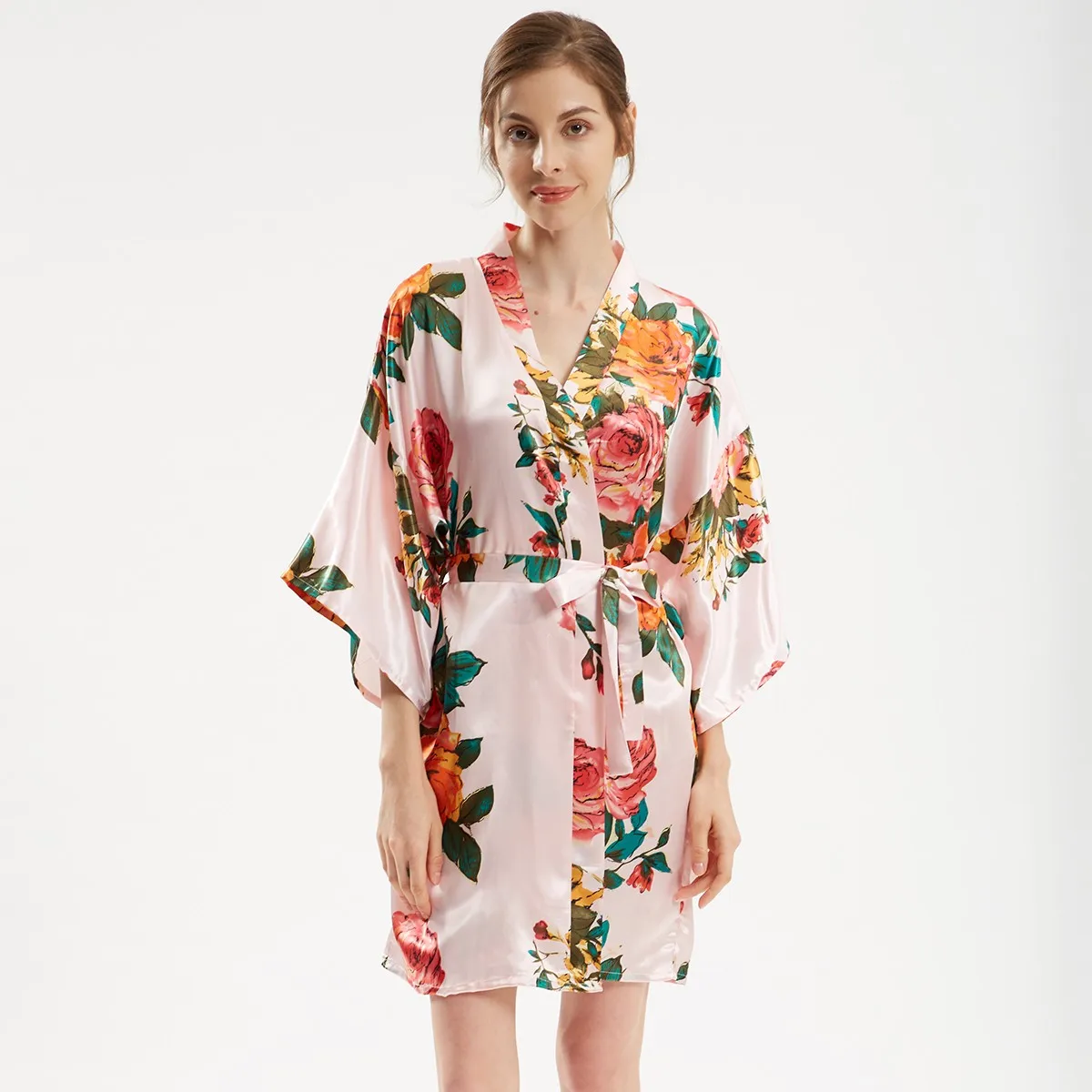 Women Kimono Bathrobe Gown Pink Print Flower Bride Bridesmaid Wedding Robe Casual Nightgown Sleepwear Plus Size Sexy Home Dress