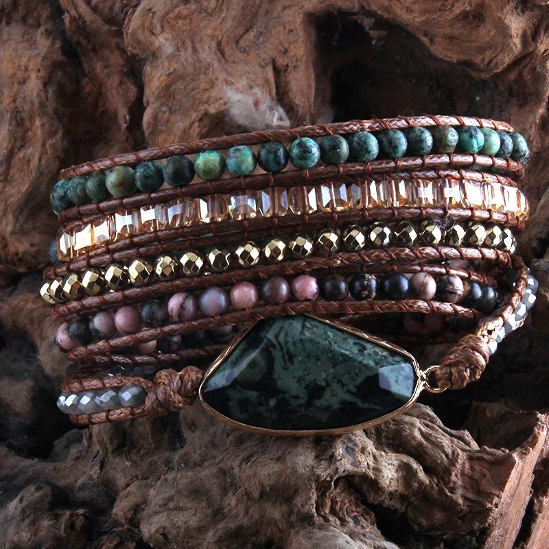 Fashion Boho Bracelet African Turquoise Natural Stones Grass Green Charm 5 Strands Woven Wrap Bracelets Gift