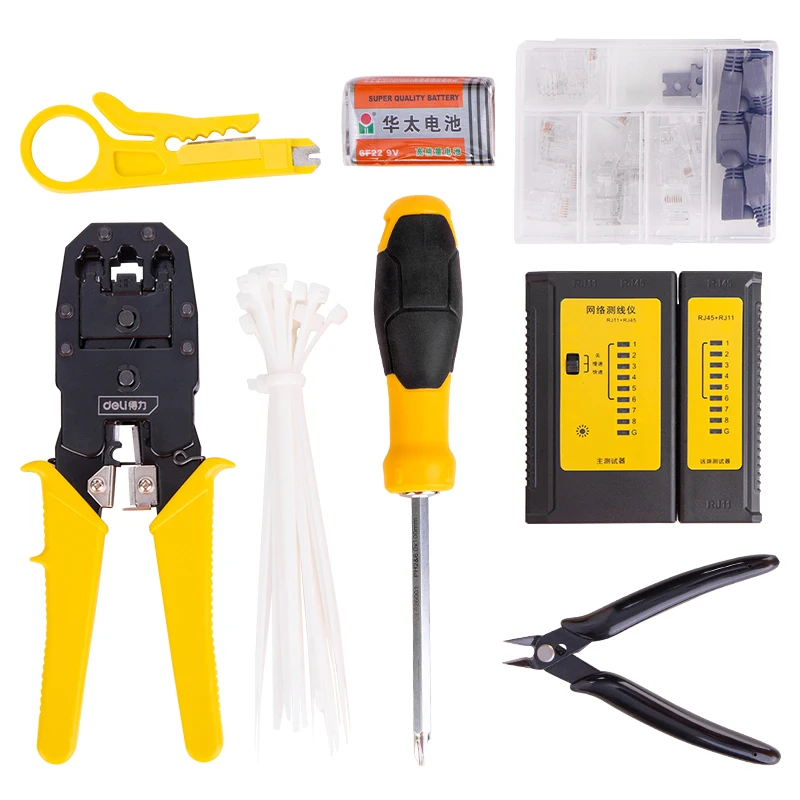 deli RJ45 RJ11 Portable LAN Computer Network Repair Tool Kit Utp Network Cable Tester Plier Screwdriver Crimper Plug Clamp Set