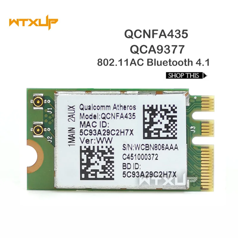 Wireless Adapter Card for Qualcomm QCA9377 QCNFA435 802.11AC NFA435 433Mbps 2.4G/5G DW1810 NGFF M2 WIFI CARD Bluetooth 4.1