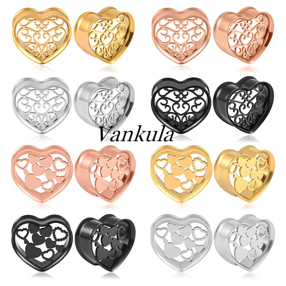 Vankula 2PCS Stainless Steel Heart Shape Ear Gauges Ear Tunnels Plugs Expander Piecing Body Jewelry