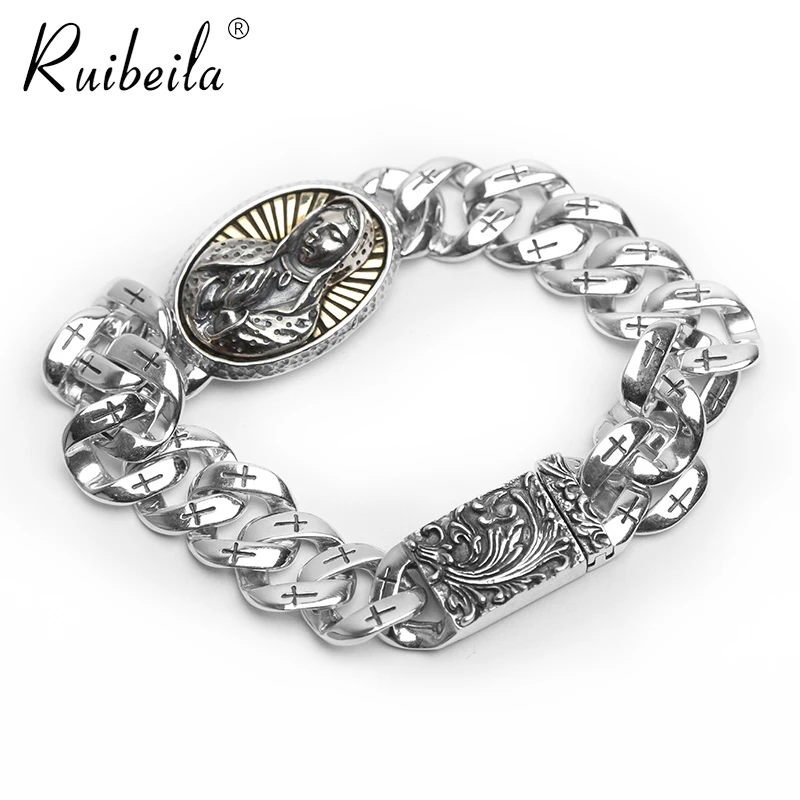 Ruibeila925 silver Madonna prayer cross Tang grass pattern 13mm men bracelet domineering personality heavy jewelry bracelet