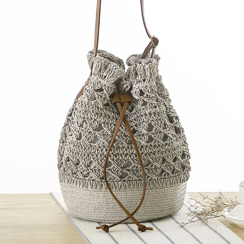 20x28CM New Hollow Bucket Woven Bag Shoulder Beach Bag Seaside Vacation Straw Bag Women a7236