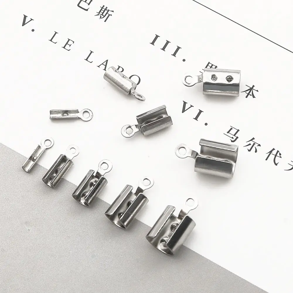 

30pcs Stainless Steel Cords Crimp End Beads Caps Leather Clip Tip Fold Crimp Bead Bracelet Connectors For Jewelry Making Finding