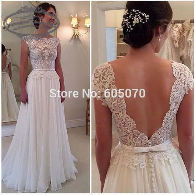 

2025 new drop shipping vestido de noiva New Chiffon and Lace Wedding Dresses Vestidos de Noiva Bridal Gown Open Back Cap Sleeves