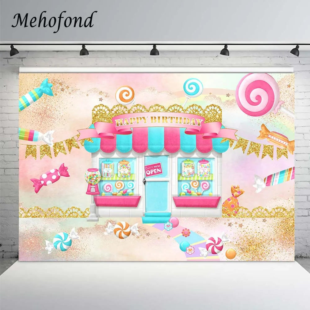 Mehofond-fondo fotográfico de tienda de dulces, piruleta, dulce Candyland, decoración para fiesta de cumpleaños de bebé, Fondo para sesión fotográfica