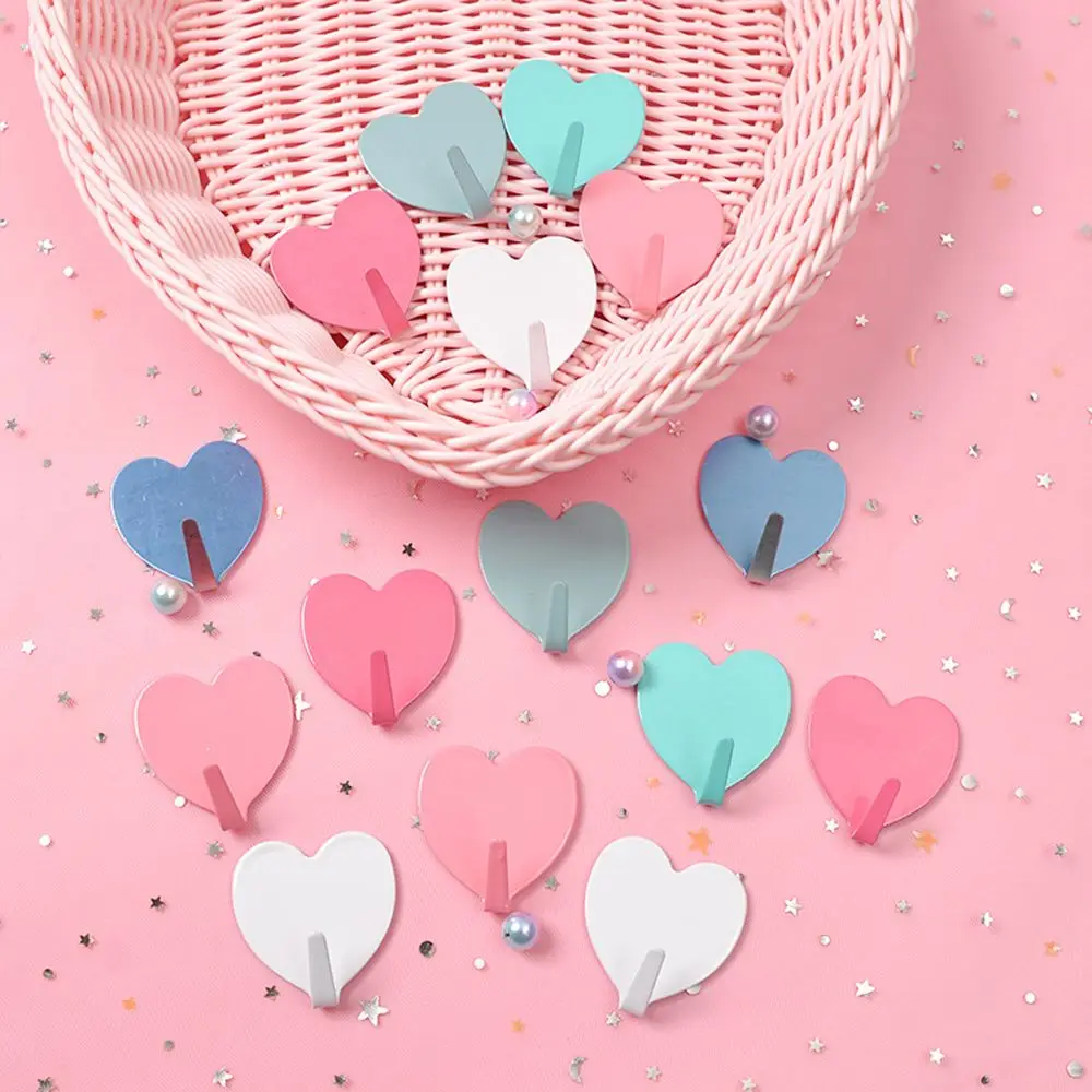 Creative Metal Cute Heart-shaped Hook Strong Adhesive Paste Wall Bearing Kitchen Hook NO Trace After Paste Door Hook Colorful