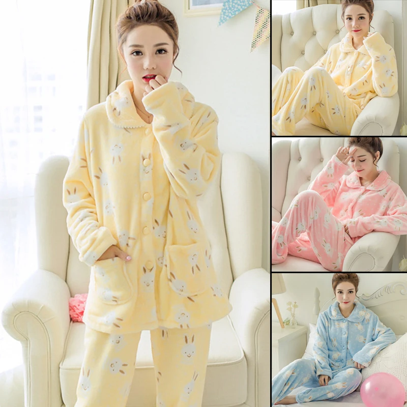 Newly Women\'s Flannel Pajamas Set Casual Long Sleeve Fleece Cardigan Warming Sleepwear for Autumn Winter