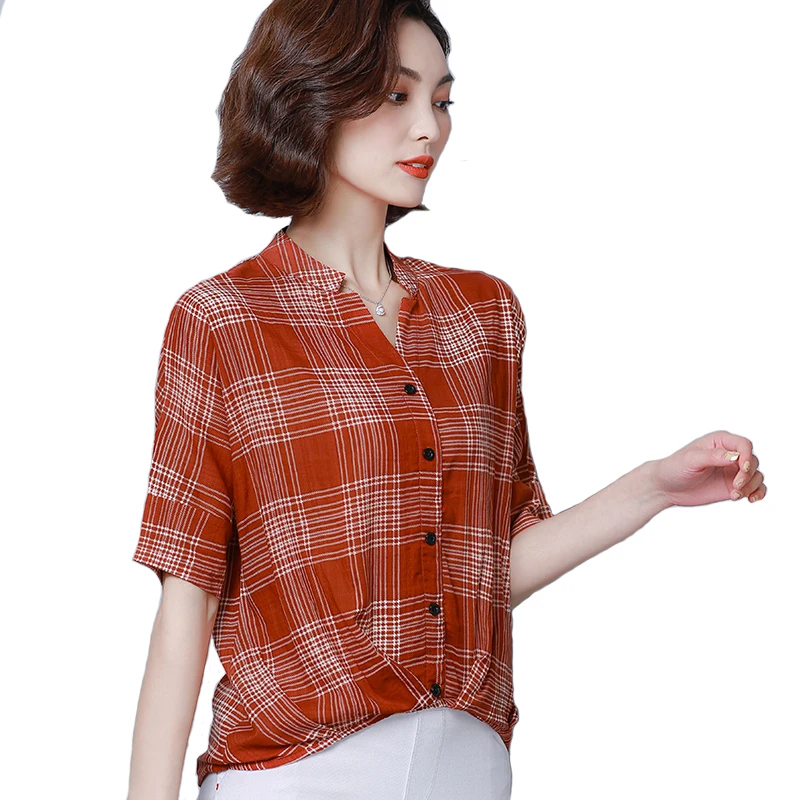 2020 Woman Office Lady Short Sleeves Plaid Printing Button Cotton Linen Shirt