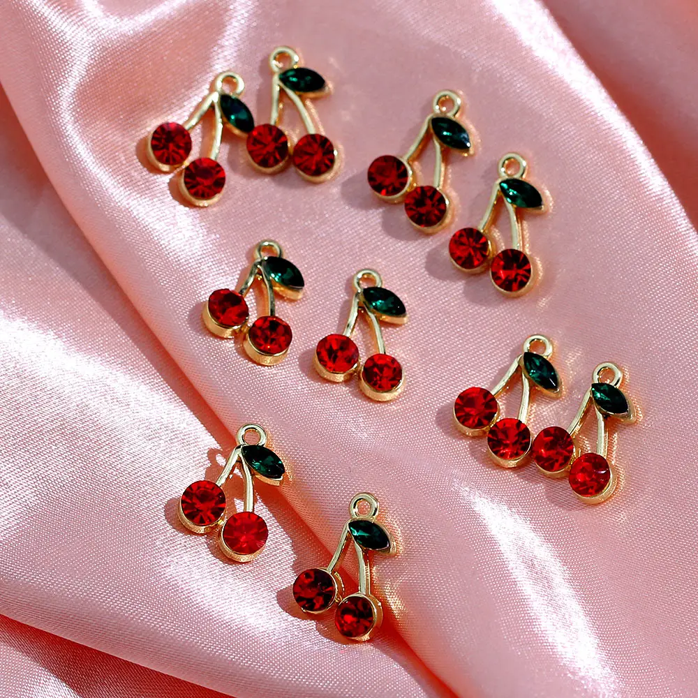 10Pcs Lovely Red Bling Crystal Cherry Charms Gold Color Alloy Fruit Pendants Jewelry Accessories Making Earring Necklace Crafts