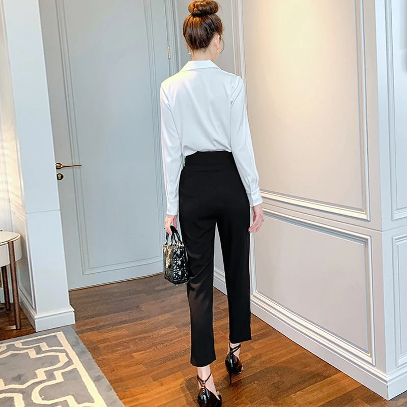 Fashion Women Casual Vintage Single Breasted V-Neck Long Sleeve Tops Shirt Blouse Belt High Waist Long Pants Female 2 Pieces Set