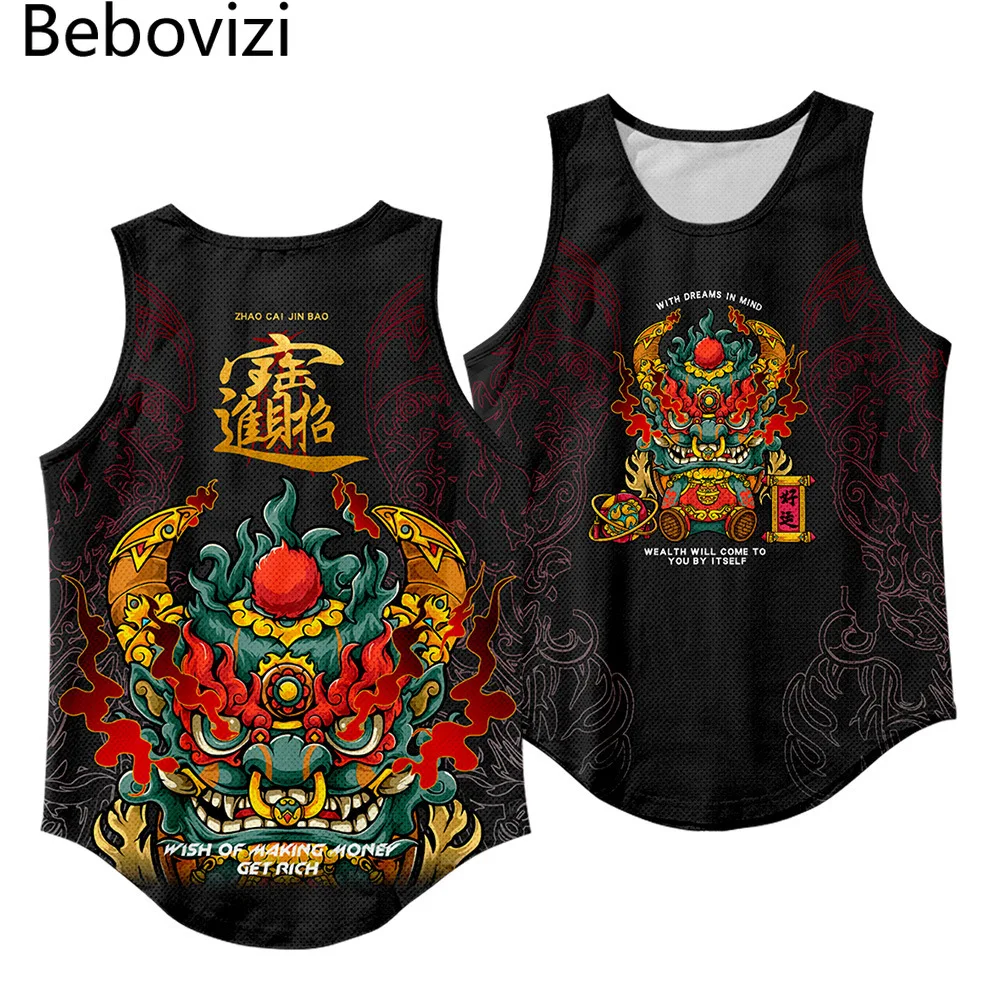 Japanese Style Demon Print Tank Tops Fashion Sleeveless Shirt Sportswear Vest Casual Singlet Plus Size Mesh Tops Hip Hop Men