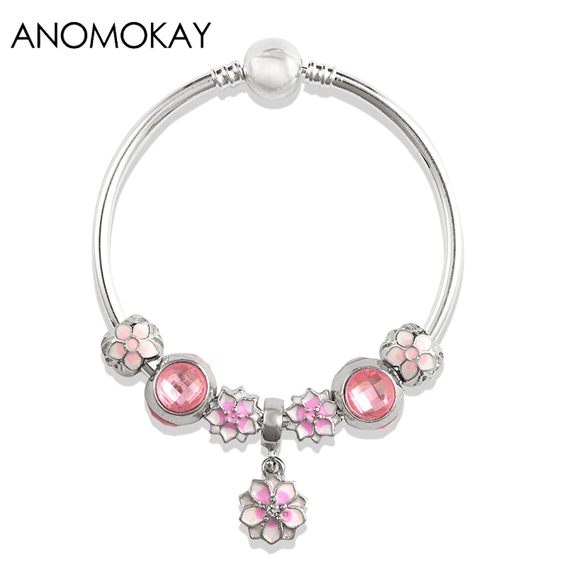 European & American Romantic Pink Cherry Blossoms Charm Bracelet & Bangle Simple Style Silver Color Diy Bead Bangle Gift