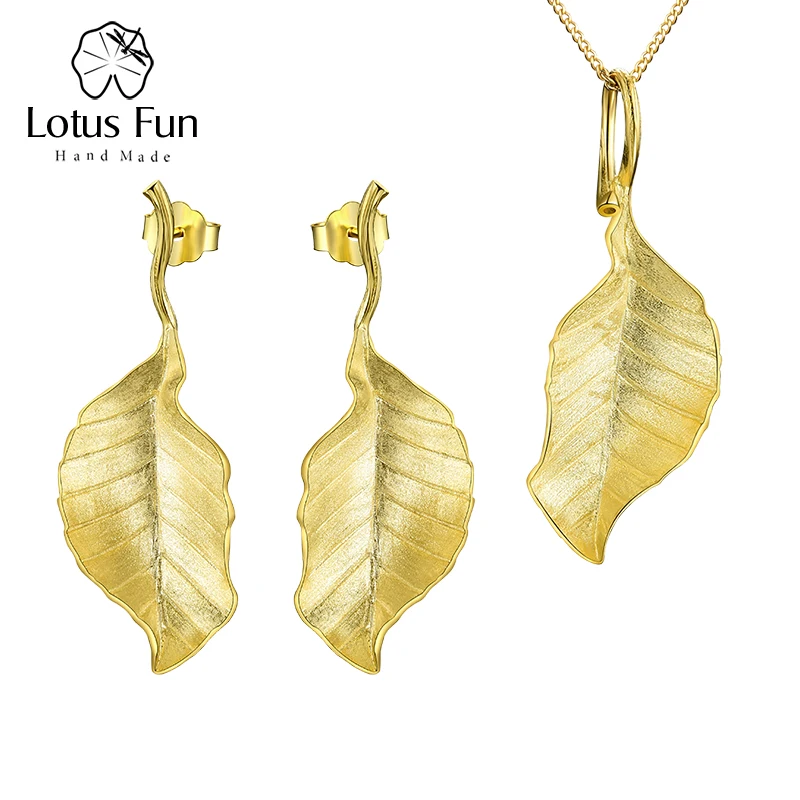 Lotus Fun Luxury Elegant Autumn Large Leaves Jewelry Set with Stud Earring Pendant Necklace 925 Sterling Silver Women Jewelry