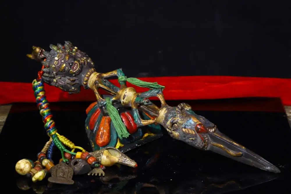 19"Tibetan Temple Collection Old Bronze Painted Hayagriva Dorje Vajra Phurba Amulet Dharma Town House Exorcism Bodhi root base view 5