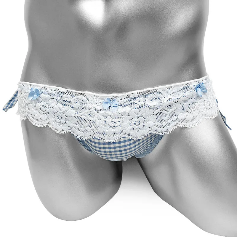 

Men Plaid Sexy Briefs Underwear Lace-up Sissy Frilly Lace Panties Lingerie for Gay Male Crossdressers Panties Bowknot