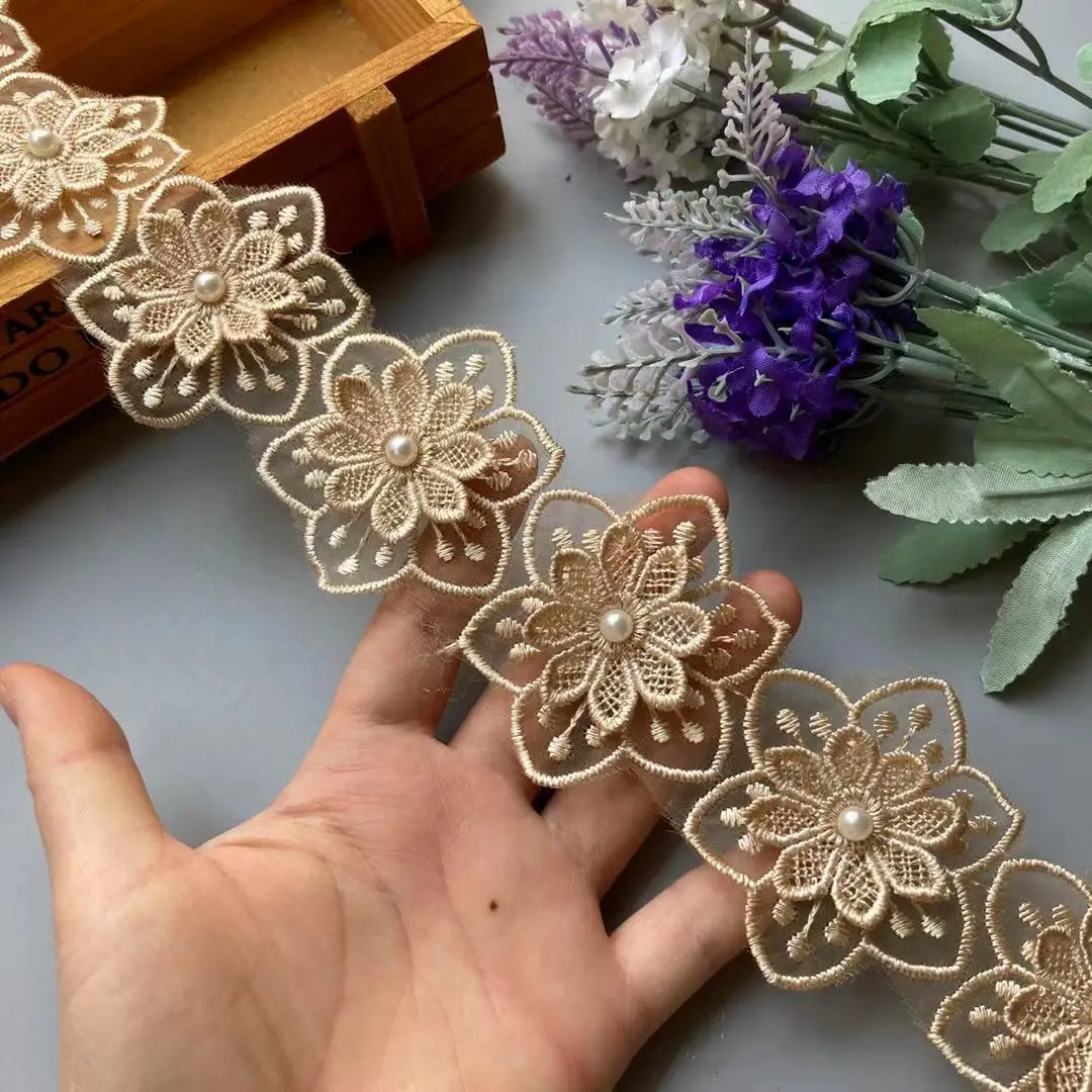 2 Yard Gold Pearl Lace Double Flower Embroidered Trim Ribbon Patchwork DIY Handmade Dress Wedding Sewing Supplies Craft 5.5 cm 4