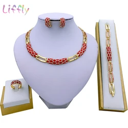 African Jewelry Sets Elegant Bridal Wedding Necklace Red Enamel Jewelry Classic Style Bracelet Earrings Rings for Women Jewelry