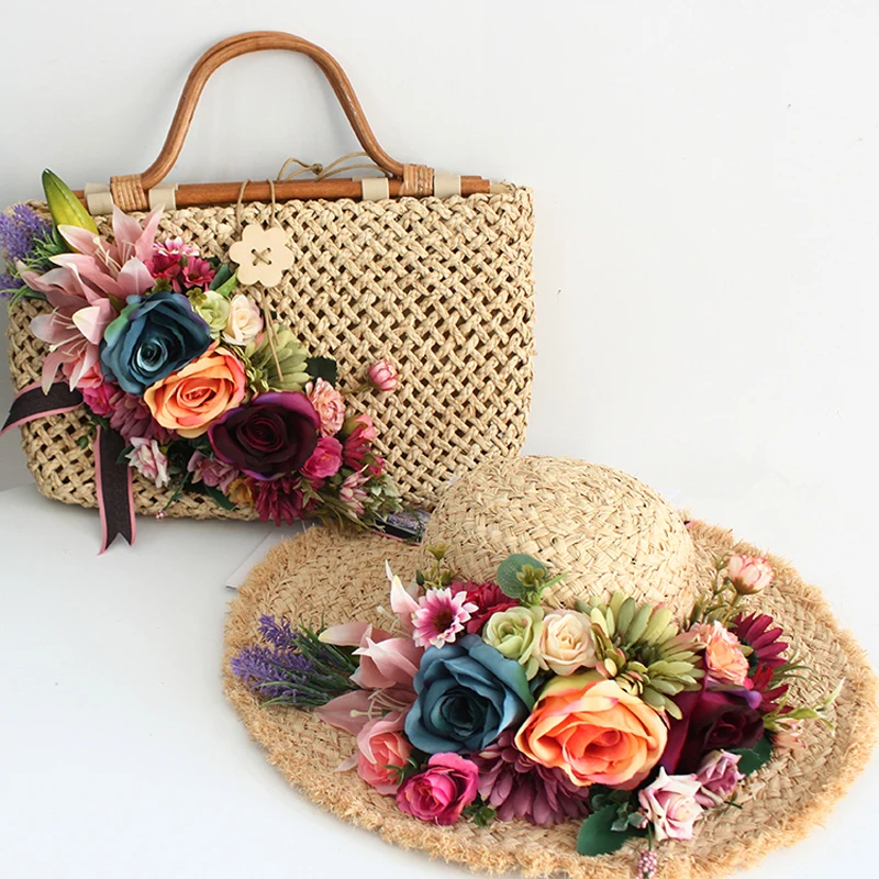 Bolso de playa de paja de ratán con flores Multicolor, traje de sombrero, Asa superior, bolso de mano para mujer, fotografía de vacaciones de verano