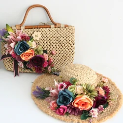 Fashion Flower Rattan Straw Beach Bag Hat Suit Multicolor Flower Top-handle Handbag for Women Summer Vacation Holiday Photograph