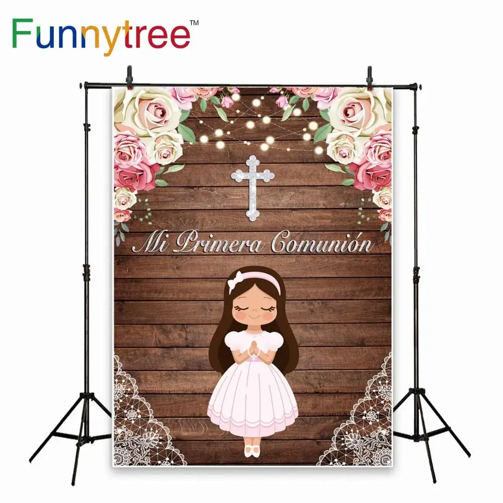 Funnytree First Communion Backdrop Photozone Anniversary Horse Rose Girl Background Photocall Birthday Kids Banner Photography