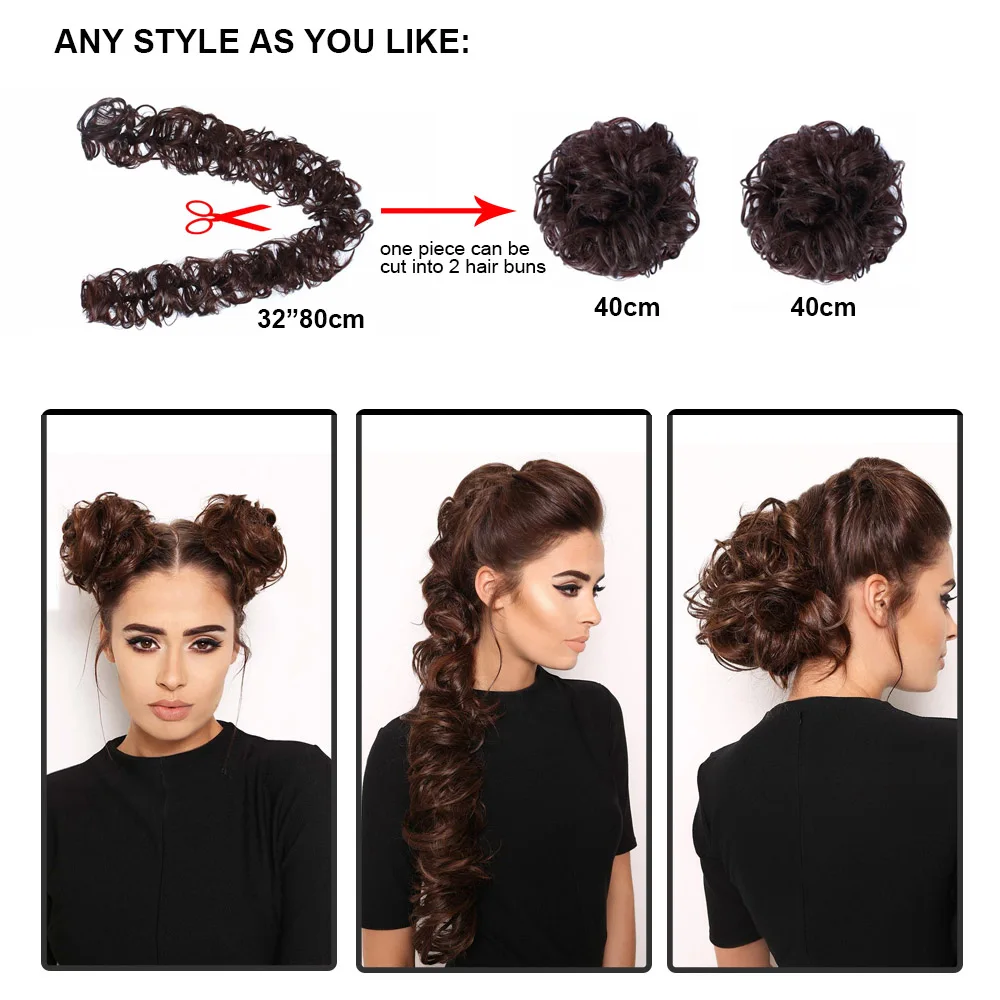 Chignon Synthétique Désordonné Long, Bande de Cheveux Ronde, DIY Updo Chignon Queue de Cheval, Extensions de Cheveux, Postiches Bouclées