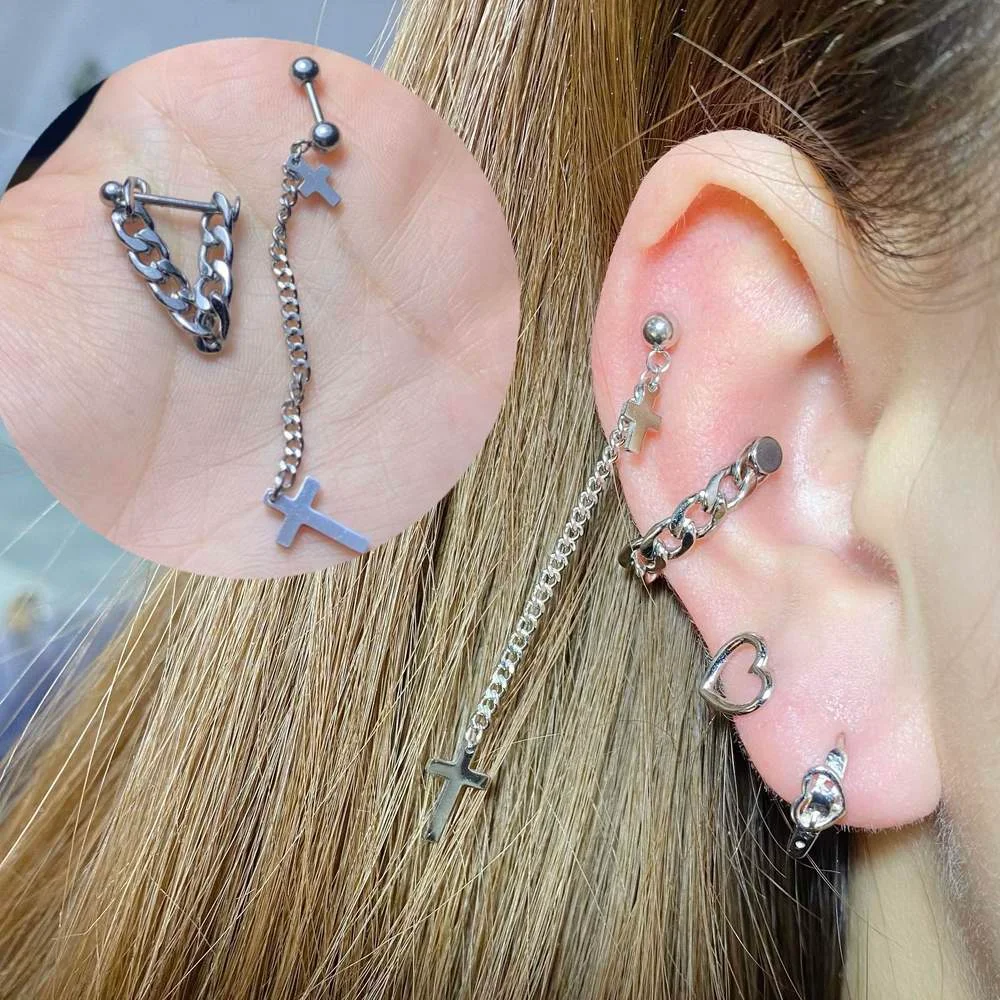 Immagine: 1 pz in acciaio inox elica Piercing conchiglia orecchino croce ciondola catena cartilagine Body Piercing gioielli 16G1.2mm Punk coreano assonnato