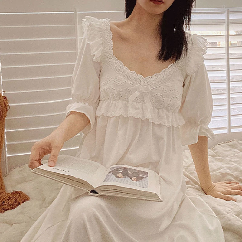 Victorian Cotton Night Dress Women White Sexy Short Sleeve Long Robe Peignoir Vintage Nightgowns Princess Sleepwear Roomwear