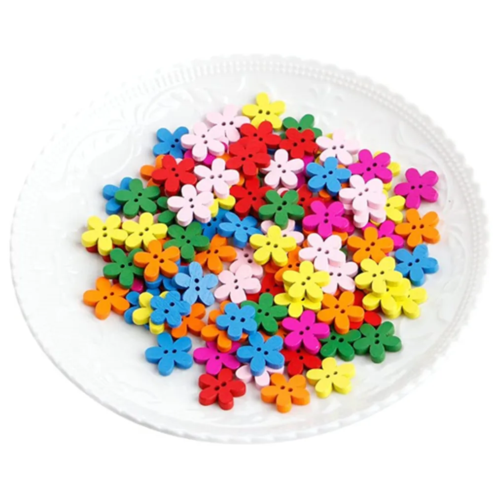 100 Pcs 15mm Colorful Flower Flatback Wooden Buttons , for Sewing, Scrapbooking Crafts , 7NK75