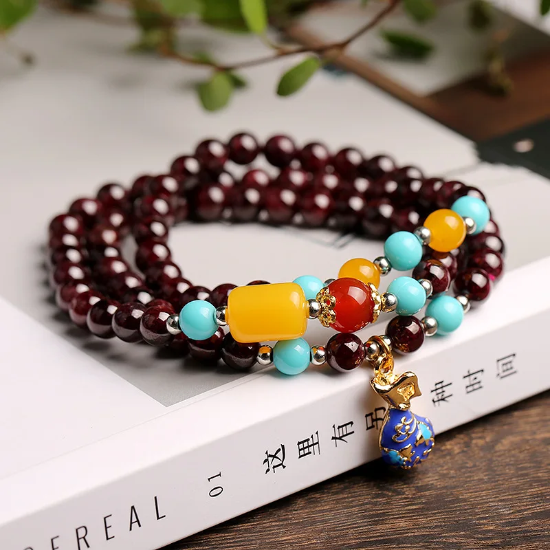 Vintage Wine Red Natural Garnet Crystal Cloisonne Pendant Multi Circle Beaded Strand Bracelets for Women Fine Jewelry YBR346