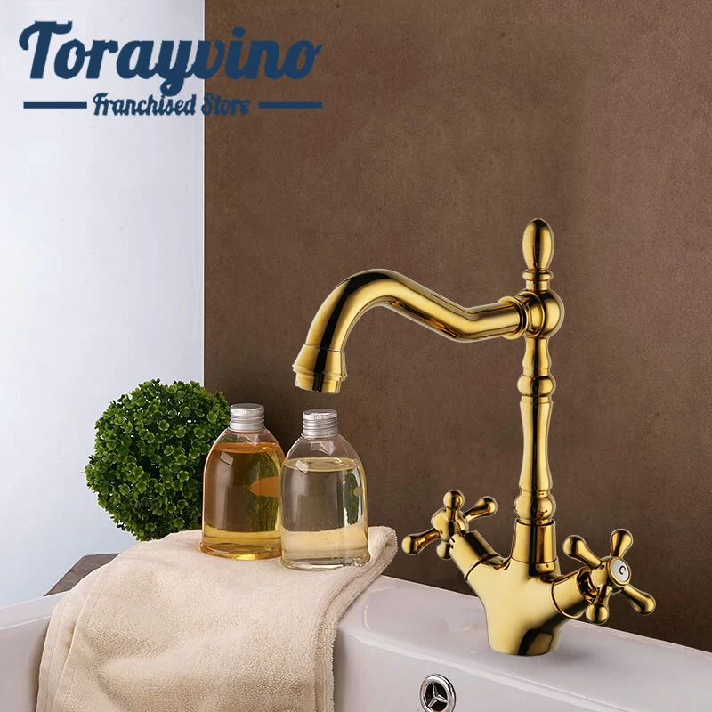 

Torayvino bath basin faucet gold bamboo design brass tap bateria wannowa retro double handle faucets deck mounted mixer taps