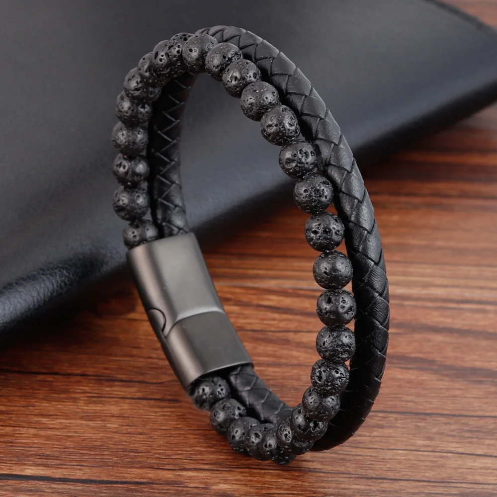 Punk Men Braid Bracelet Multilayer Leather Natural Stone Beaded Bangle Stainless Steel Magnetic Clasp Male Jewelry