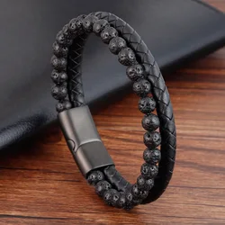Punk Men Braid Bracelet Multilayer Leather Natural Stone Beaded Bangle Stainless Steel Magnetic Clasp Male Jewelry
