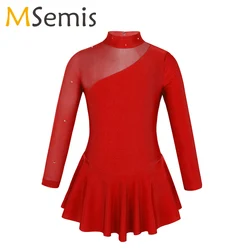 Kinder Mädchen Professionelle Rhythmische Gymnastik Trikot Lange Ärmel Tüll Splice Ausschnitte Mädchen Abbildung Eislaufen Wettbewerb Kleid