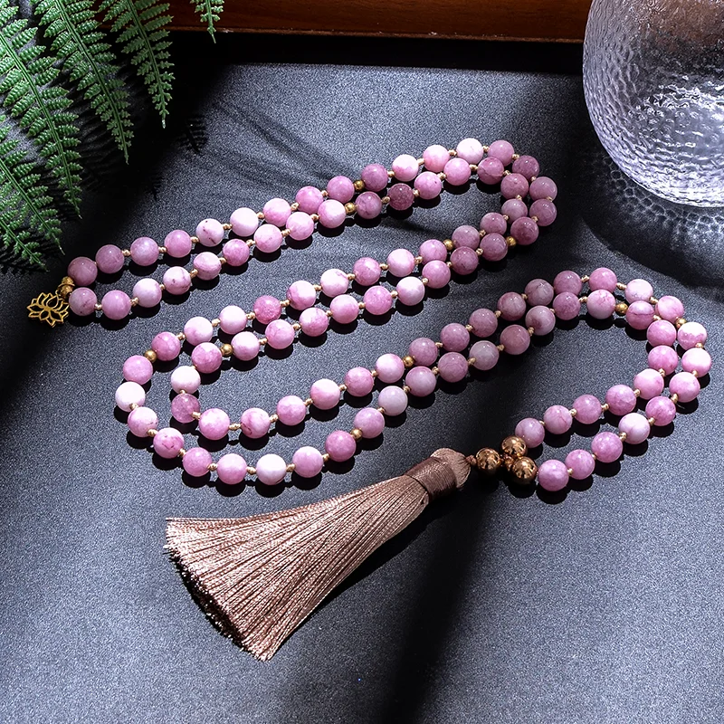 8mm Kunzite Beaded Knotted Japamala Necklace 108 Mala Rosary Meditation Yoga Jewelry Set with Golden Stainless Steel Beads Lotus