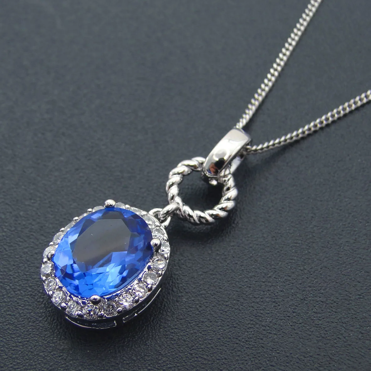 Blue Tanzanite White Topaz Brass Pendant Chain Necklace