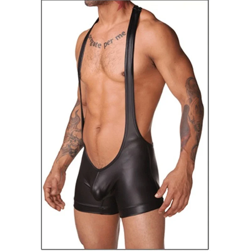 Mens Undershirts PU Leather One-piece Jumpsuits Underwear Bodysuit Vest Wrestling Singlet Leotard Dance Clubwear Sexy Costumes