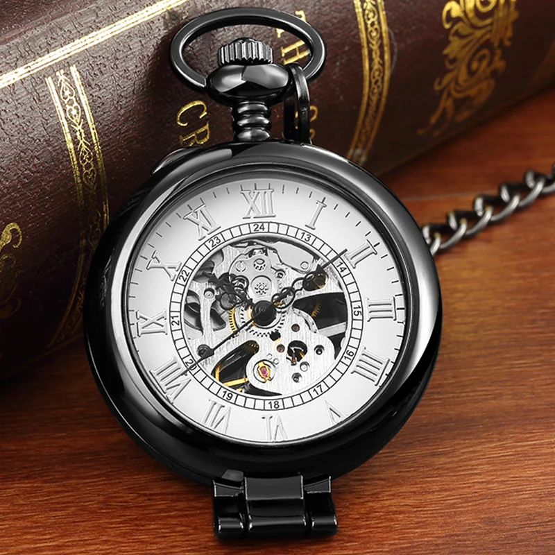 Classic Mechanical Pocket Watch Skeleton Roman Numerals Dial Stand On Table Black White Fob Chain Clock for Men Dropshipping