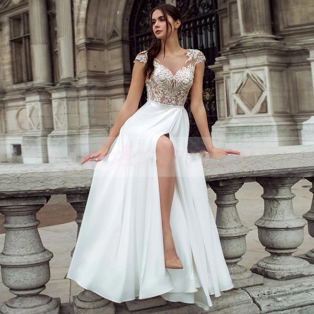 Charming Boho Lace Wedding Dresses Side Slit Cap Sleeves  Gowns V Neckline Bridal  Buttons Back On Sale 2021