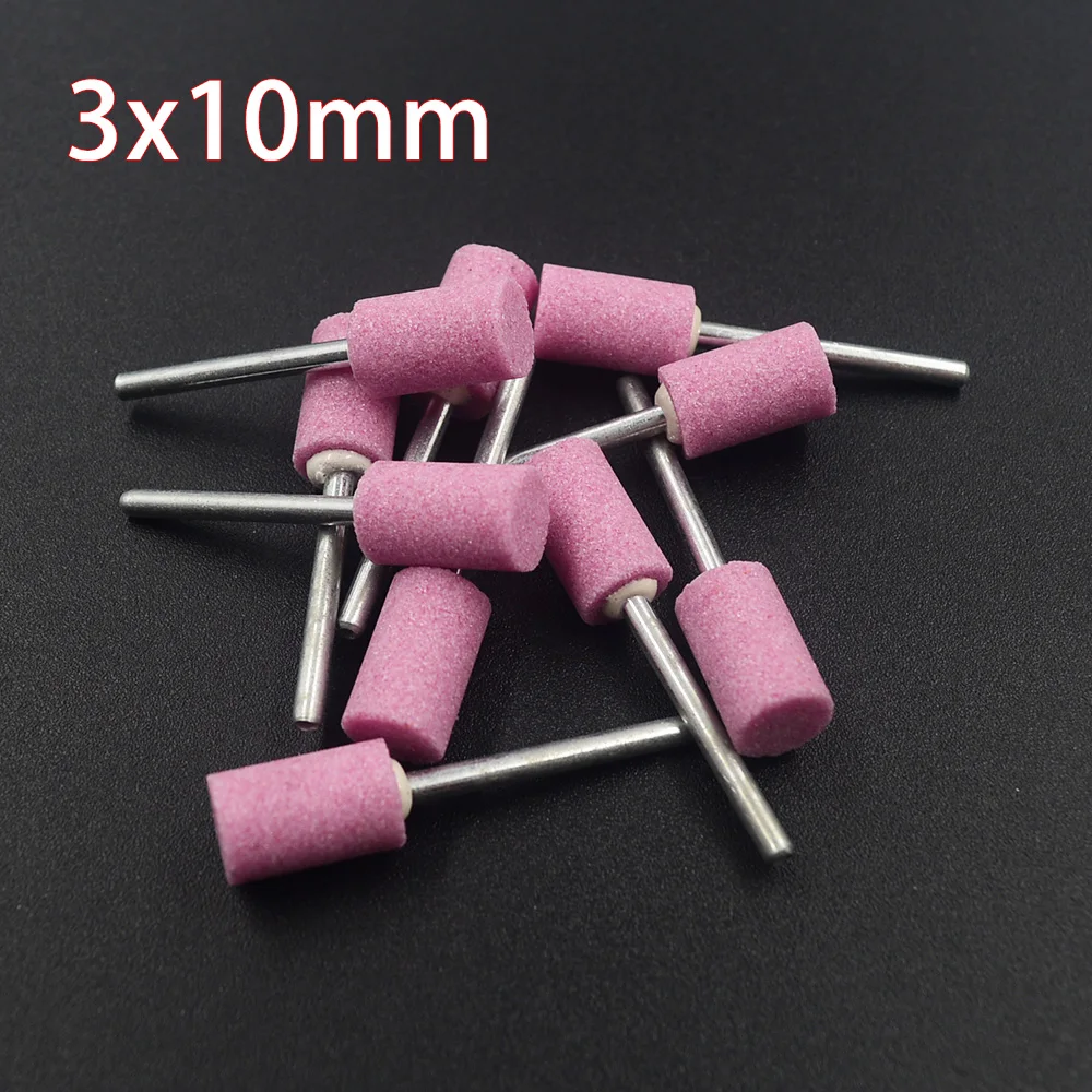 10pcs 3mm Shaft Mounted Ceramic Grinding Head Polishing Abrasive Wheel Dremel Rotary Power Tools Cylinder Pink