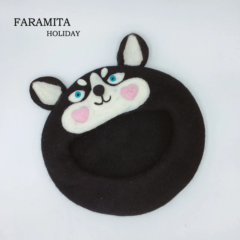 

Faramita Holiday Women Girls Kids Parents-child Couple Boys French Berets Handmade Cartoon Husky Dog Cute Painter Hats 100% Wool