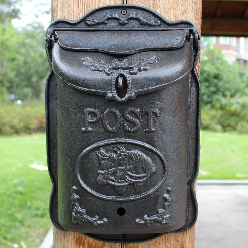 Vintage Black Large Wall Cast Iron Mailbox Horse Head Design European Home Garden Decor Heavy Iron Wall Hanging Mounted Post Box