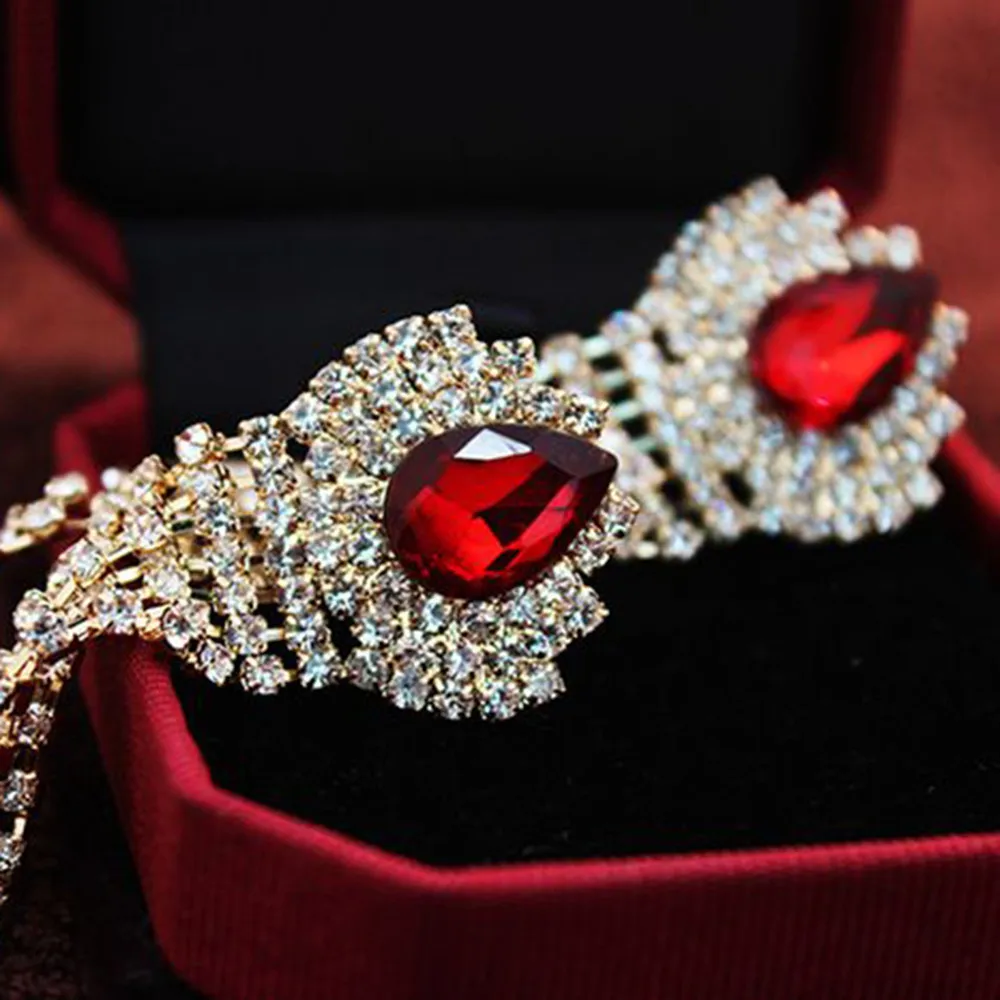 Splendido strass grande rosso verde goccia d'acqua orecchini da sposa da sposa per le donne di lusso nappa di cristallo ciondola orecchini gioielli