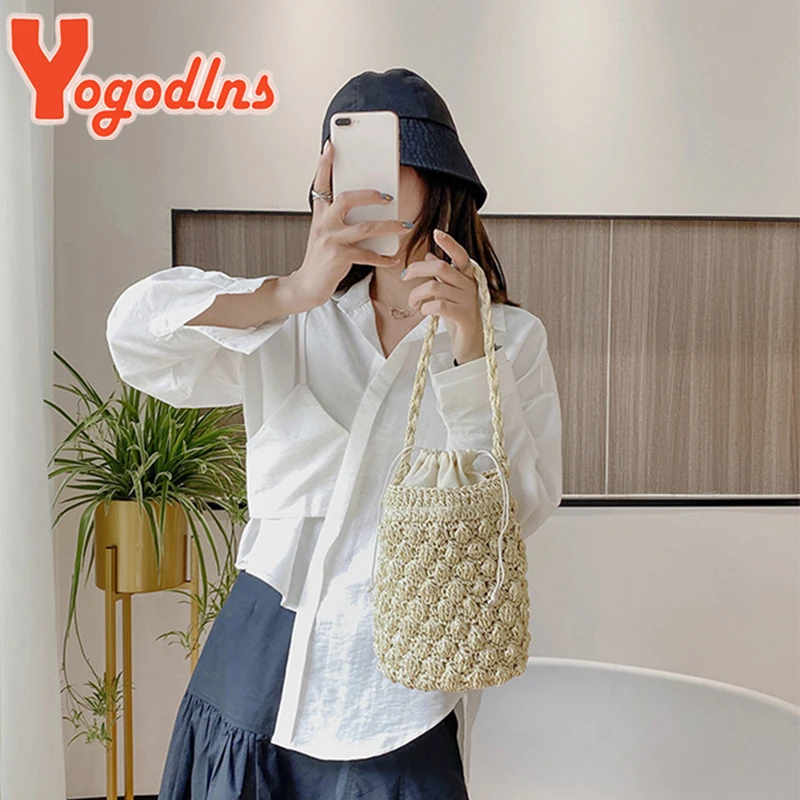 Yogodlns Summer Straw Shoulder Bag Women Large Capacity Rattan Bucket Bag Handmade Woven Beach Bag Fashion Vacation Handbag Tote