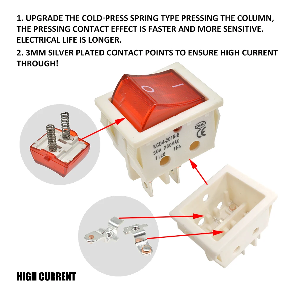 5Pcs 30A 250V 4 6 Pin ON-OFF Boat Rocker switch sterling silver contacts KCD4 power switch with led indicator light 30A/250V