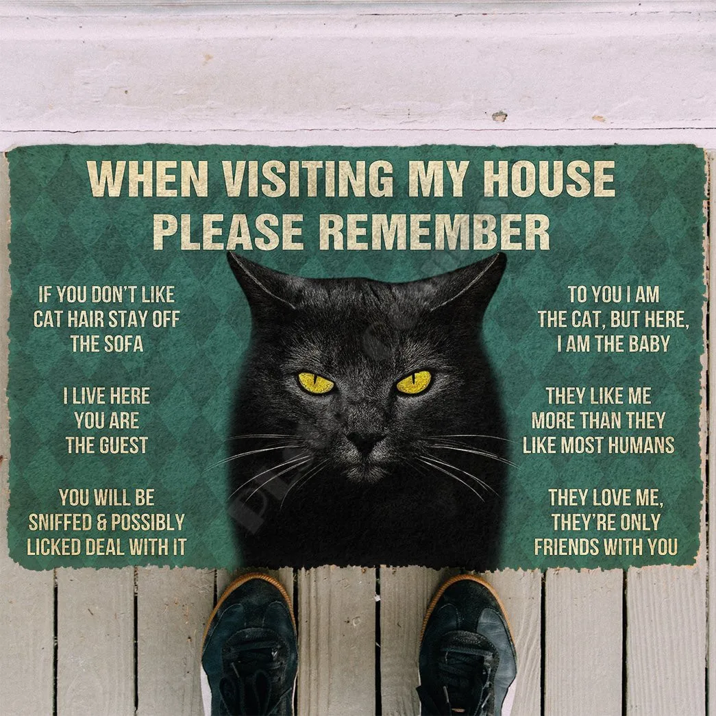 3D Please Remember Cool Black Cat House Rules Doormat Non Slip Door Floor Mats Decor Porch Doormat