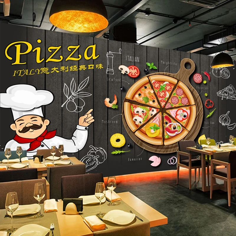 Custom Any Size Mural Wallpaper Vintage Black Wooden Board Pizza Wallpaper Restaurant Cafe Snack Bar Background Wall Painting 3D