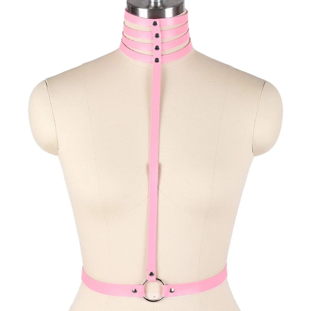 

Pink Leather Harness With Wings Cage Bra Sexy Lingerie Belt Fetish Punk Goth Body Bondage Adjust Tops Dance Club Rave for Womens